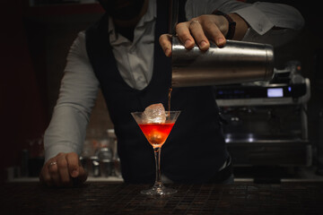 professional bartender prepares a cocktail in the martini glass