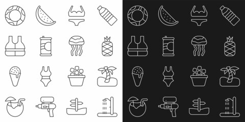 Set line Beach shower, Tropical palm tree, Pineapple, Swimsuit, Soda can, Life jacket, Rubber swimming ring and Jellyfish icon. Vector