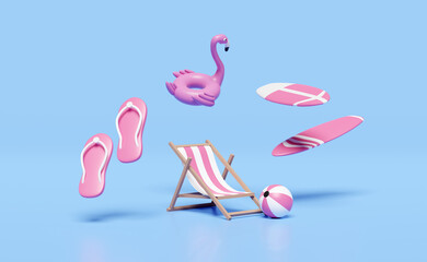 travel summer sea with beach chair, Inflatable flamingo, sandals, ball, surfboard isolated on blue background. concept 3d illustration, 3d render