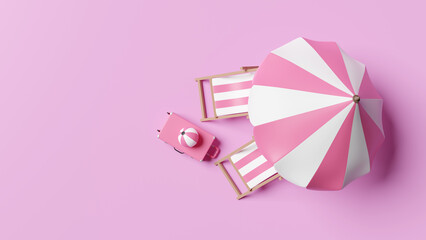 summer travel with suitcase, beach chair, umbrella, ball isolated on pink background. concept 3d illustration, 3d render © sirawut