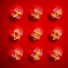 Set line Plane, No water bottle, Airline ticket, cell phone, Passport, Conveyor belt with suitcase, Airport control tower and Human waiting airport terminal icon. Vector