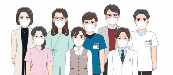 病院内でマスクをする人々