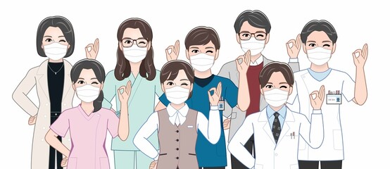 病院内でマスクをする人々