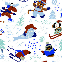 Seamless winter pattern. Funny animals doing sports, have fun. Bear, penguin, tiger, moose, navy seal, polar bird on ski, snowflaks, fir trees. Сute vector illustration isolated on white background.