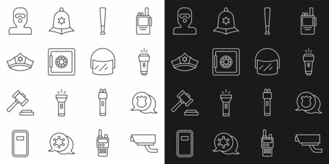 Set line Security camera, Police badge, Flashlight, Baseball bat, Safe, cap with cockade, Thief mask and helmet icon. Vector