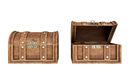 Wooden chests isolated on white background. Old wooden chests with open lids. Vintage boxes, open and closed. 3d illustration - obrazy, fototapety, plakaty