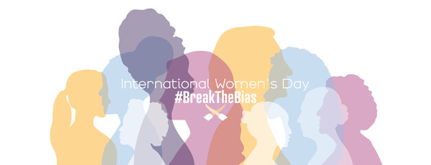 International Women's Day banner. #BreakTheBias Women of different ages stand together.