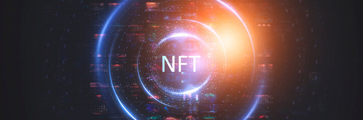 Collage signed with NFT token. Abstract NFT collage. EVERYDAYS: THE FIRST 5000 DAYS. Digital art, set of 3d illustrations. NFT concept, light rays, neon. 3D illustration