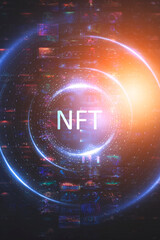Collage signed with NFT token. Abstract NFT collage. EVERYDAYS: THE FIRST 5000 DAYS. Digital art, set of 3d illustrations. NFT concept, light rays, neon. 3D illustration