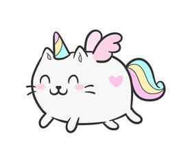Cute cat unicorn or kitten caticorn - isolated vector. Baby Cat Unicorn cream pastel colors or kids design prints, posters, t-shirts, stickers, postcard