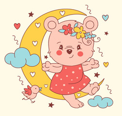 Vector illustration of a cute pink bear girl, sitting on the moon. Adorable Animal concept for sleeping or nursery wear, baby's fabric, baby shower template