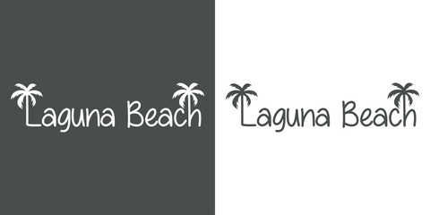 Destino de vacaciones. Banner con texto Laguna Beach con letra con forma de silueta de palmera en fondo gris y fondo blanco