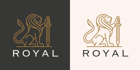 Royal lion sword logo. Elegant animal line icon. Heraldic Leo symbol. Luxury heraldry business brand identity. Vector illustration. © JoelMasson