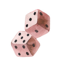 Two pink professional game dice closeup isolated on a white background . three and five.