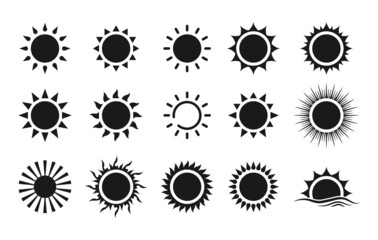 Sun icon set. Vector flat design. Collection of sun stars for use in as logo or weather icon. Yellow suns circles, bright natural lighting objects.
