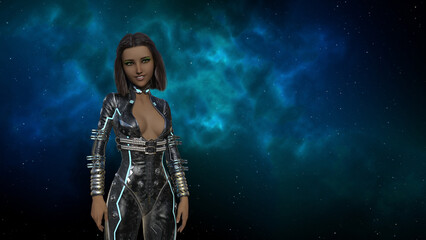 Obraz premium 3d illustration of the upper torso of a dark complexion woman with intricate floral makeup against a blue nebula