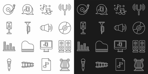 Set line Ancient Greek lyre, Stereo speaker, Vinyl disk, Music note, tone, Trumpet, player and Megaphone icon. Vector