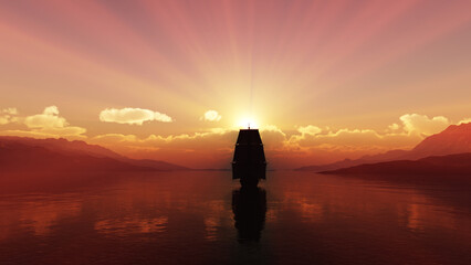Naklejka na ściany i meble old ship at sea sunset illustration