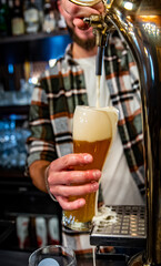 Fototapeta na wymiar bartender hand at beer tap pouring a draught beer in glass serving in a bar or pub