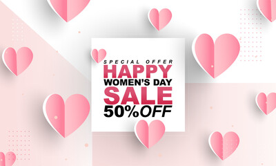 Women's Day Sale Offer Banner with pink hearts