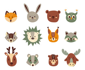 Cute hand drawn heads of forest animals. Raccoon, badger, elk, deer, owl, beaver, Fox, hare, bear, wolf, hedgehog, squirrel. White background, insulator. Vector illustration.