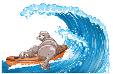Seals in inflatable boat in cartoon style