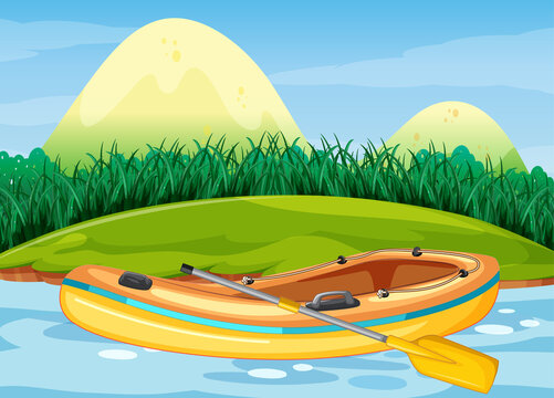 Inflatable boat with paddle in nature scenery