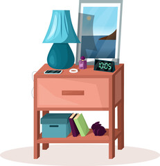 Fototapeta premium Bedside table in bedroom with phone, clock, lamp