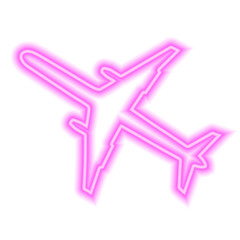 Pink neon sign of airplane isolated on white