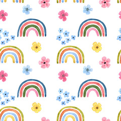 Cute watercolor rainbows and ditsy flowers seamless pattern. Neutral colors simple rainbow print on white background. Nursery wallpaper.