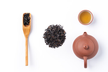 Top view design concept of fresh black tea and leaves in Taiwan.