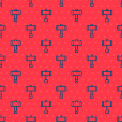 Blue line Medieval battle hammer icon isolated seamless pattern on red background. Vector