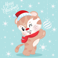 Christmas and New Year poster design. Cute kitty for christmas day. Template can be used for banners, greetings, invitation cards
