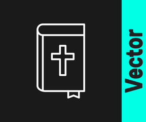 White line Holy bible book icon isolated on black background. Vector