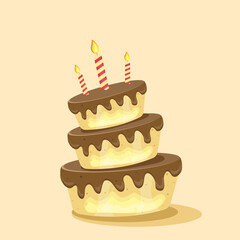 Birthday cake with chocolate creme and candles. Sweet dessert food for holiday celebration or children party. Vector illustration.