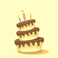 Birthday cake with chocolate creme, red cherries fruits and candles. Sweet dessert food for holiday celebration or children party. Vector illustration.
