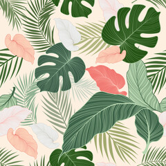 Seamless pattern linear leaves abstract white background. Tropical jungle foliage illustration. fashion print and wallpaper