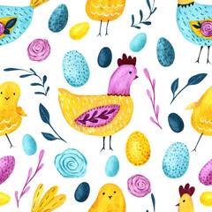 Watercolor Easter seamless pattern. Chicken, eggs and floral elements - 487758394