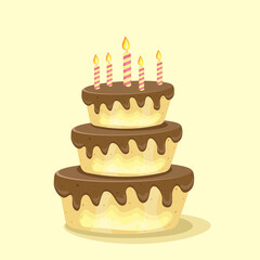 Birthday cake with chocolate creme and candles. Sweet dessert food for holiday celebration or children party. Vector illustration.