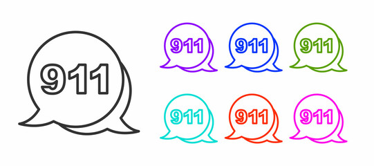 Black line Telephone with emergency call 911 icon isolated on white background. Police, ambulance, fire department, call, phone. Set icons colorful. Vector