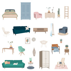 Furniture vector illustration set. Cartoon flat furnishings design with sofa, armchair, lamp, table,wardrobe,house plants etc.