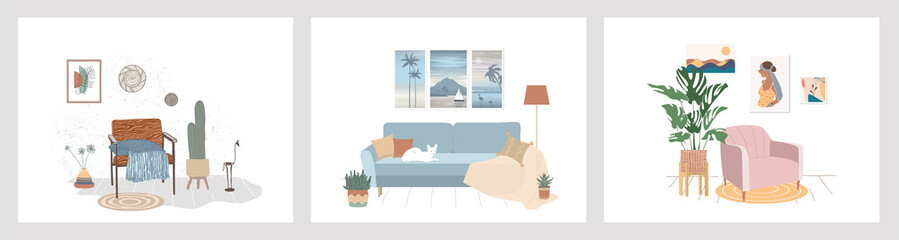 A set of vector furniture sets in the interior.Home plants and paintings on the wall.Living room interior in flat style.