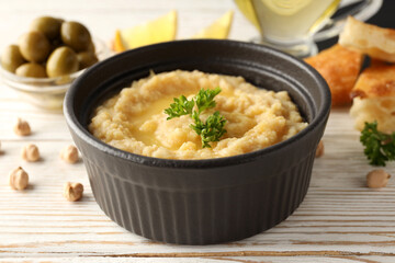 Concept of tasty food with hummus, close up