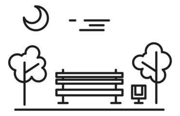 Park night landscape in linear style. Wooden bench among trees