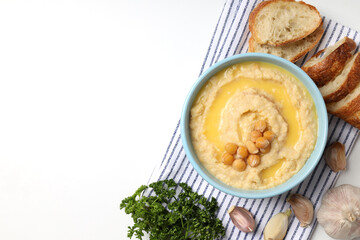 Concept of tasty food with hummus, space for text