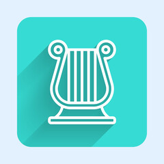 White line Ancient Greek lyre icon isolated with long shadow background. Classical music instrument, orhestra string acoustic element. Green square button. Vector