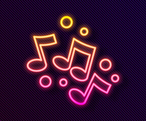 Glowing neon line Music note, tone icon isolated on black background. Vector