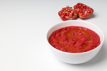 Concept of tasty food with hummus, space for text