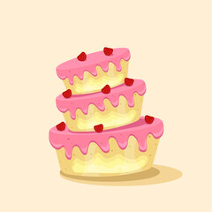 Birthday cake with chocolate creme, red cherries fruits. Sweet dessert food for holiday celebration or children party. Vector illustration.