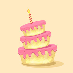 Birthday cake with chocolate creme and candles. Sweet dessert food for holiday celebration or children party. Vector illustration.